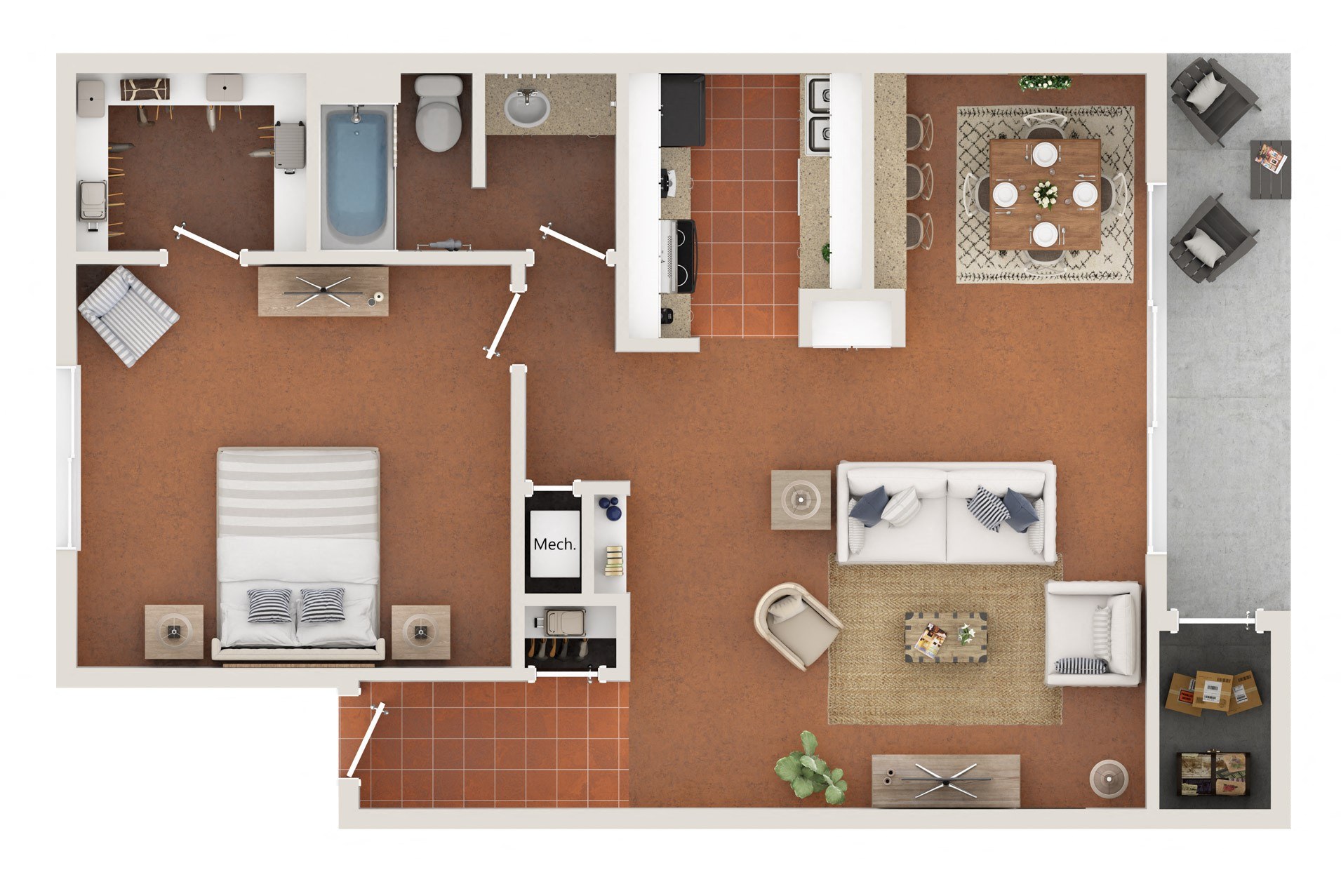 Floor plan for 1 bed, 1 bath, 713 sqft